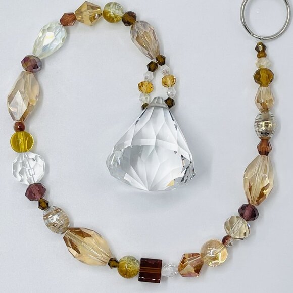 Beaded Suncatcher - Brown Gold - Clear Triangular Prism - Hanging Decor - Picture 1 of 13